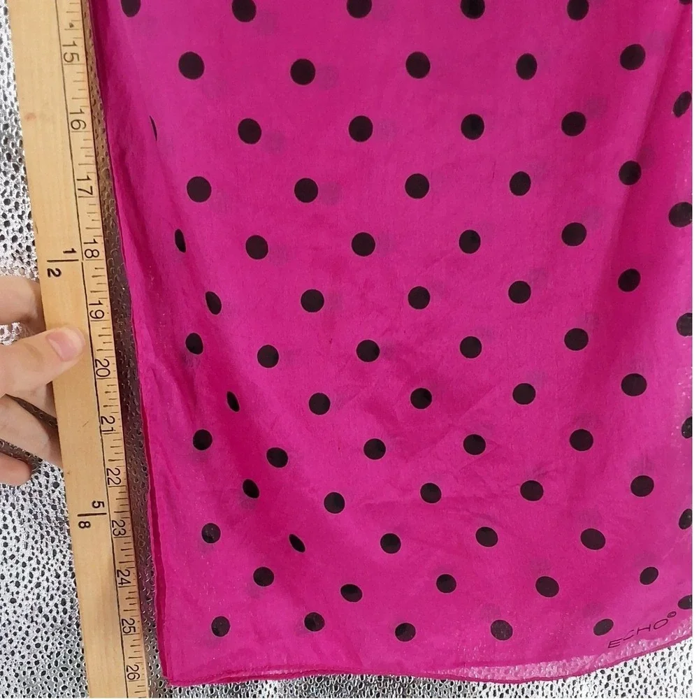 Echo 100% Silk Pink Black Polka Dot Oblong Sheer Scarf Rectangular